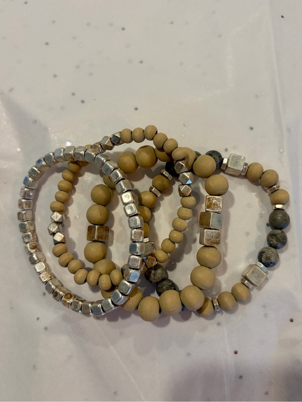 NWOT Neutral Wood Bead Stretch Bracelet Set with Silver Accents-4 - Picture 2 of 6
